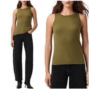 All Saints Rina Ribbed Tank Top Fango Green US 6